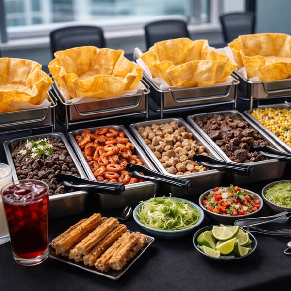 Mexican buffet with taco shells, various meats, corn, pico de gallo, guacamole, churros, and drinks.