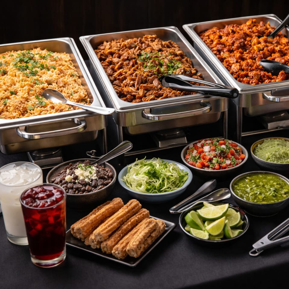 Mexican buffet with rice, meats, salsas, black beans, churros, and drinks on a black table.