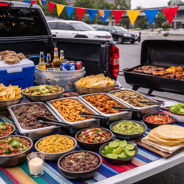A vibrant Mexican buffet with grilled meats, chips, salsas, and drinks, set up outdoors.