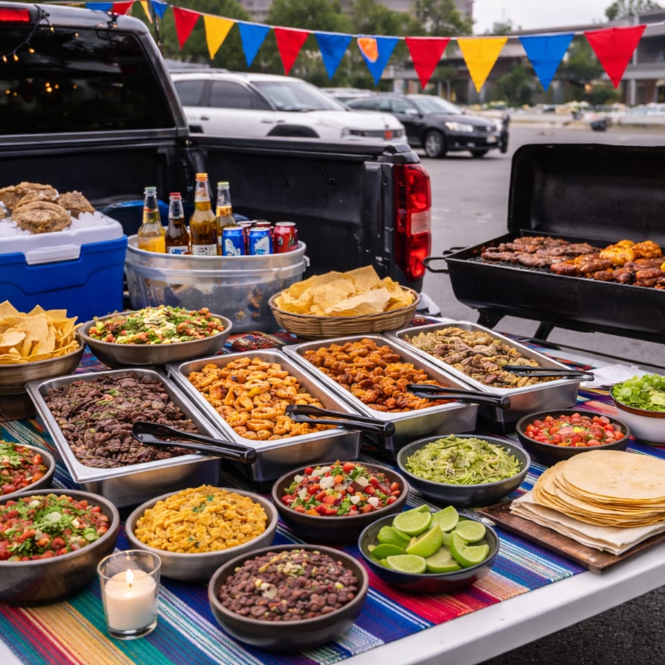 A vibrant Mexican buffet with grilled meats, chips, salsas, and drinks, set up outdoors.