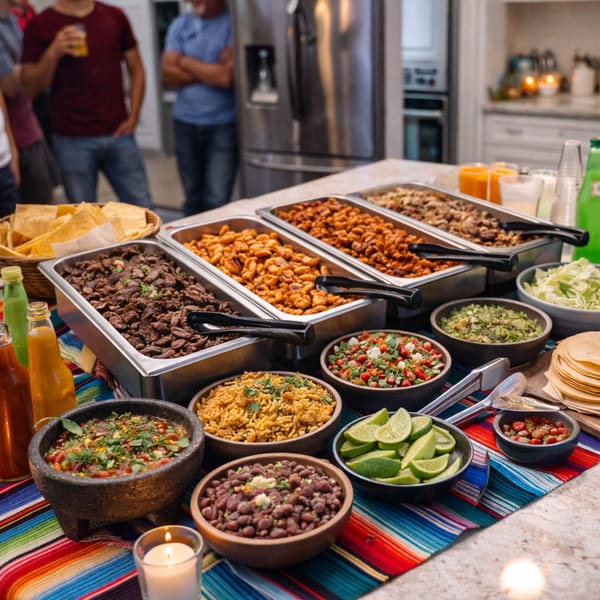 A vibrant Mexican buffet with various dishes, including meats, beans, rice, salsa, and guacamole.