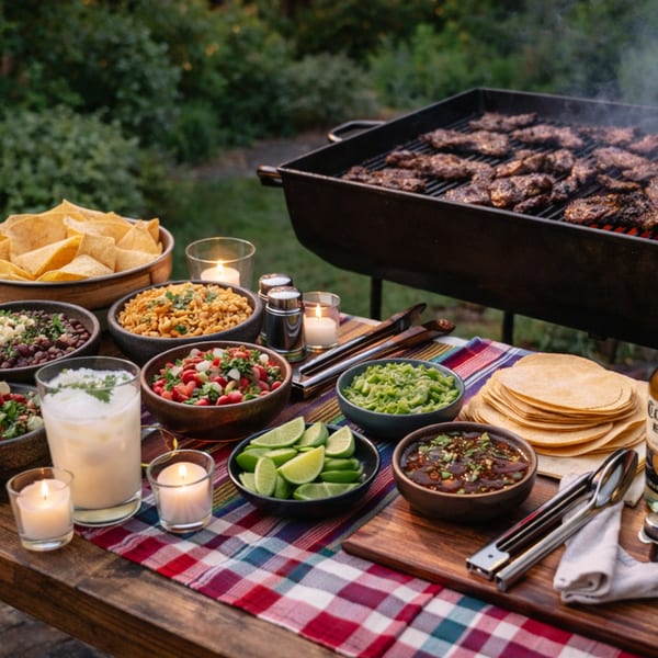 Mexican barbecue spread with grilled meat, chips, salsa, guacamole, tortillas, and drinks on a wooden table.