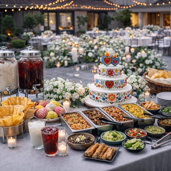 A vibrant Mexican buffet with a decorated cake, drinks, and various dishes at an outdoor event.